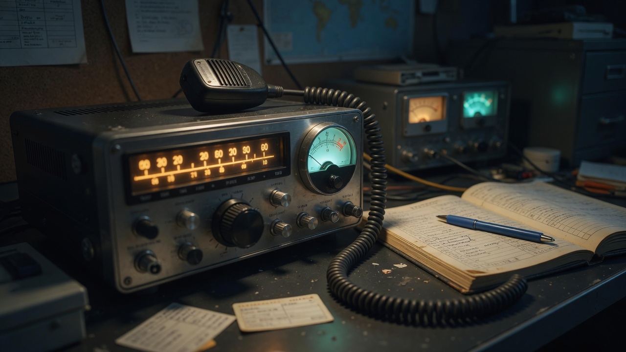 Amateur radio operating desk with transceiver, microphone, and paper logbook